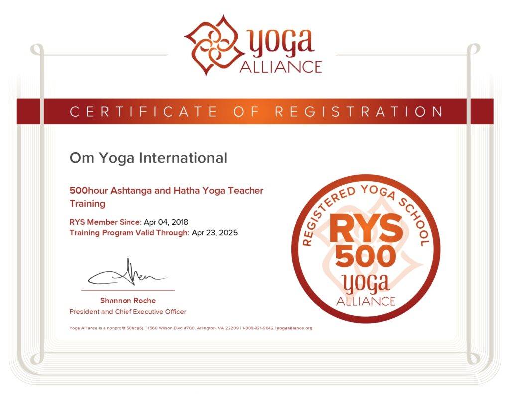 500 Hour Complete Yoga Teacher Training certificate sample
